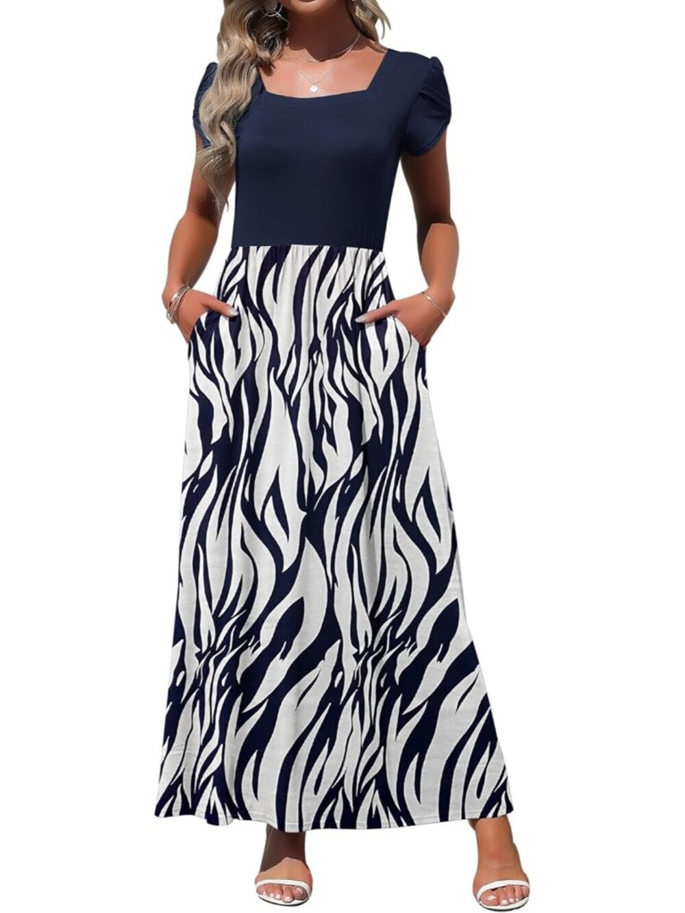 Women's Navy White Square Neck Maxi Dress Petal Short Sleeve Casual Long Dress